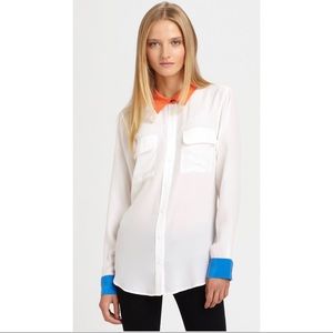 Equipment Signature Silk Shirt White w/Blue Cuffs